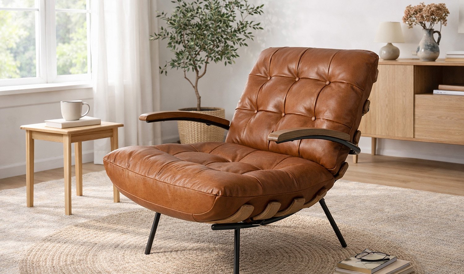 Ultra-comfy tufted leather chair designed for lounging.